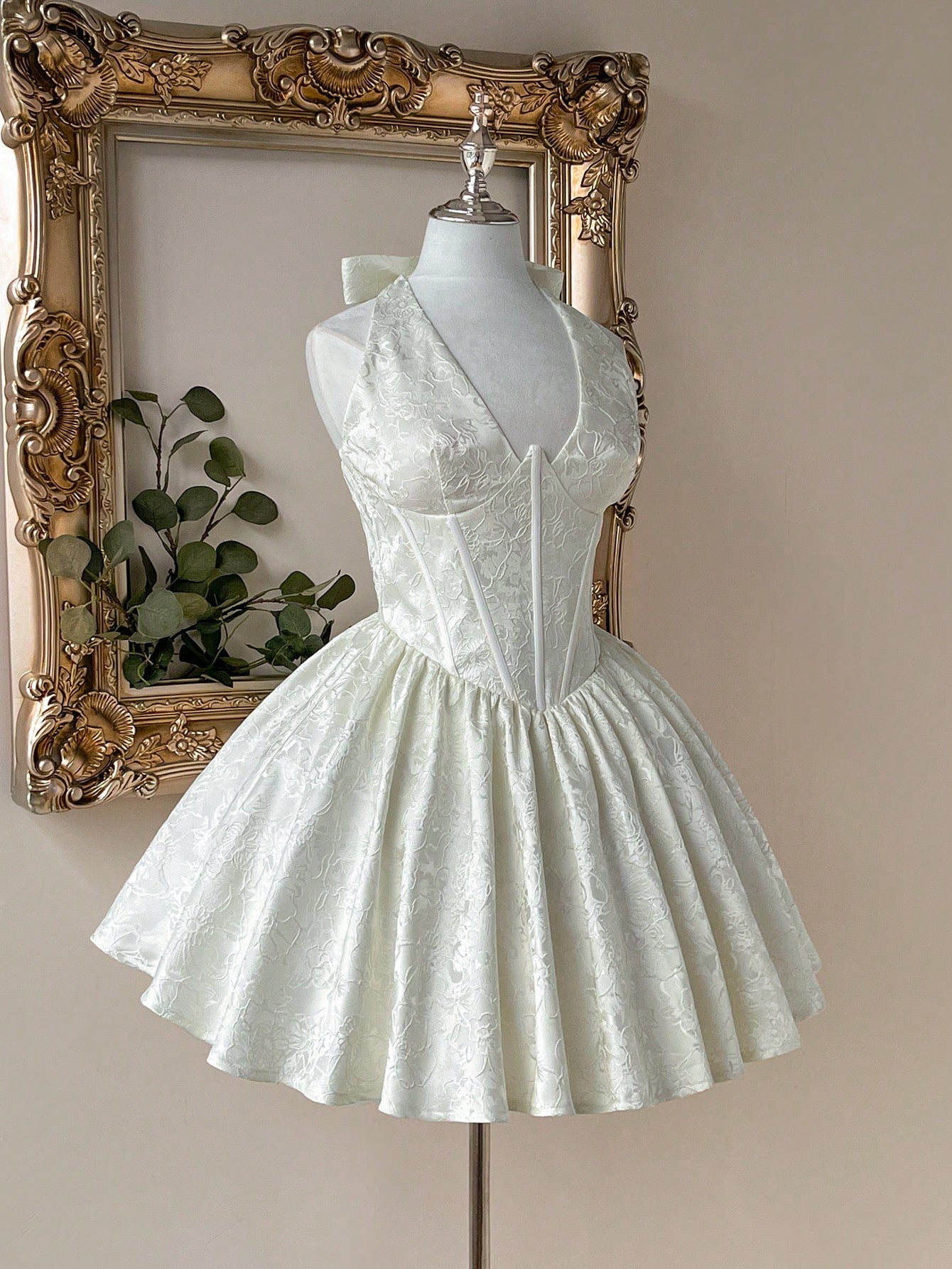 Lovelzi Elegant White Summer Cocktail Formal Wedding Guest Dress,Jacquard Satin Halter Deep V-Neck Mermaid - image 4