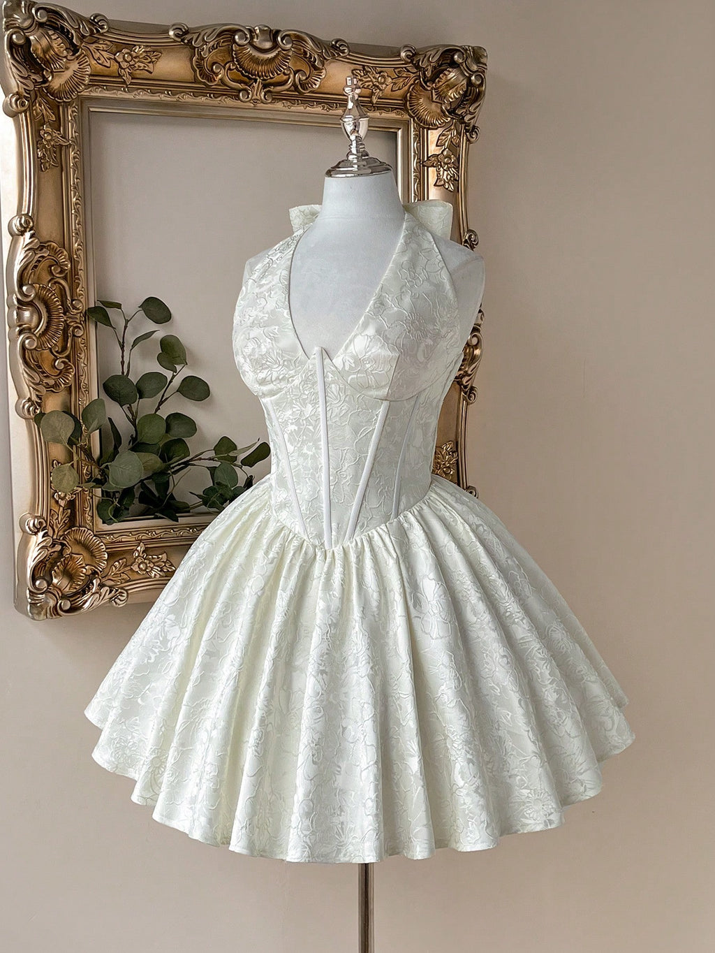 Lovelzi Elegant White Summer Cocktail Formal Wedding Guest Dress,Jacquard Satin Halter Deep V-Neck Mermaid - image 6