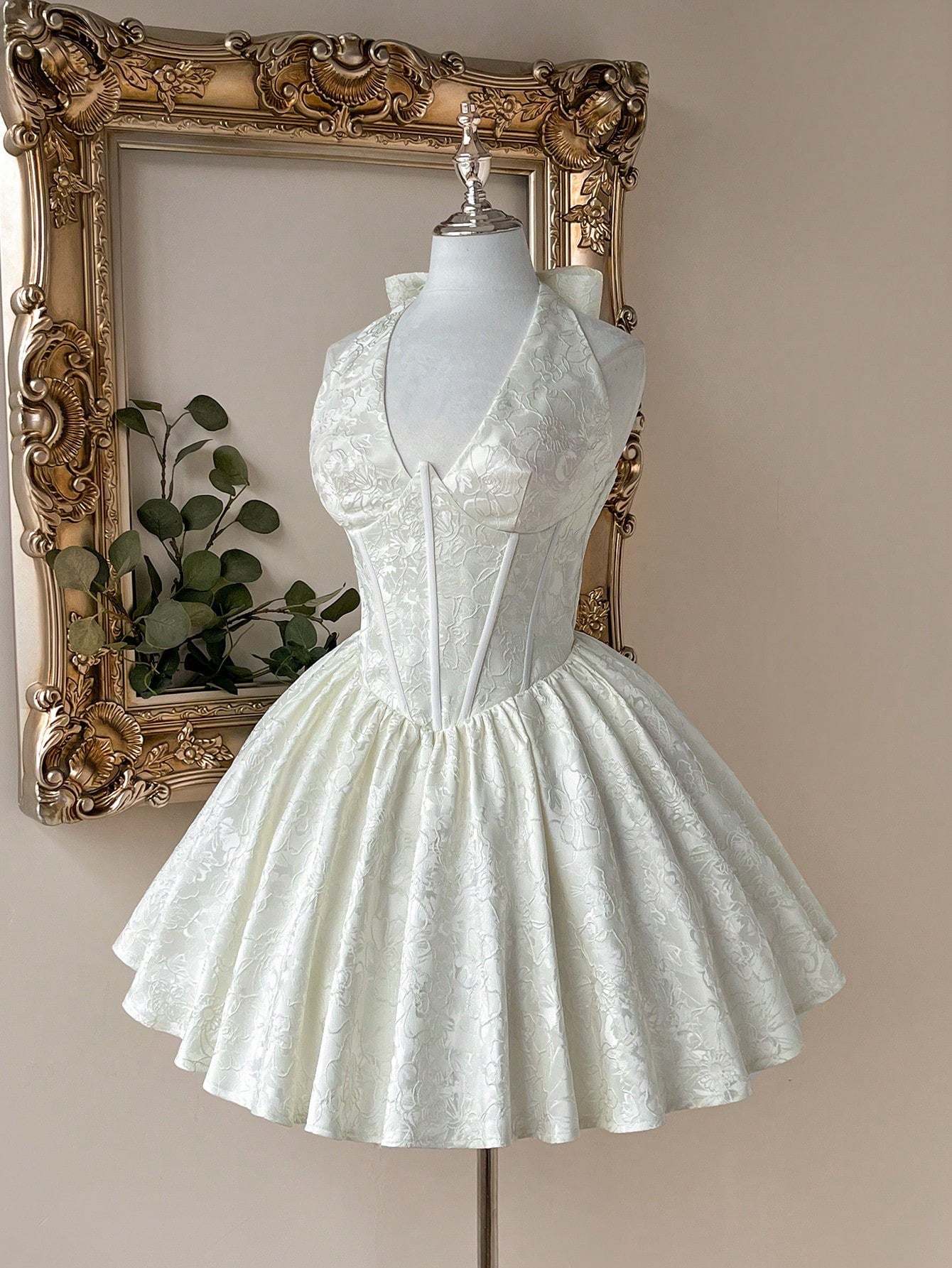 Lovelzi Elegant White Summer Cocktail Formal Wedding Guest Dress,Jacquard Satin Halter Deep V-Neck Mermaid - image 6