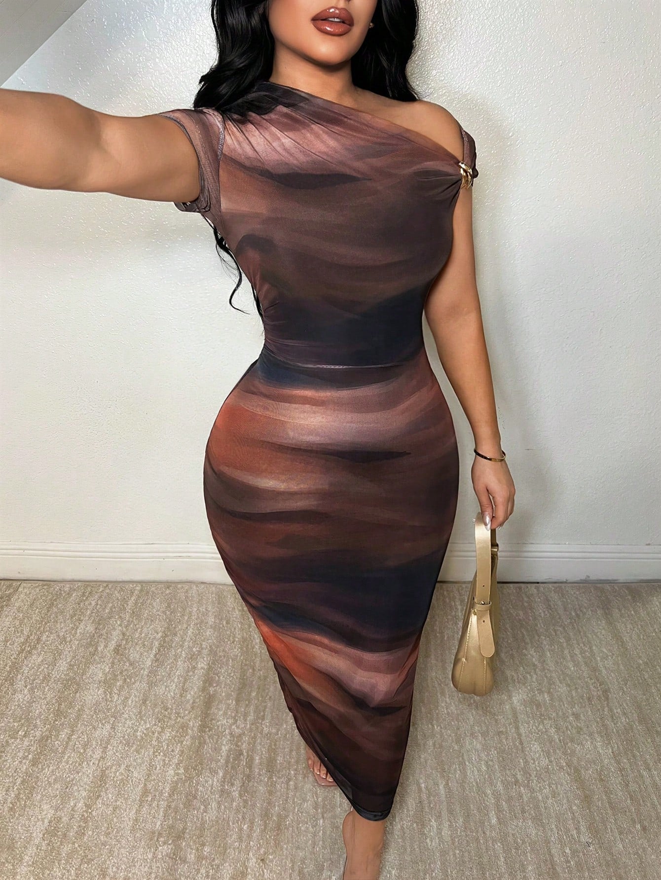 SXY Women's Floral Print Asymmetric Neckline Fitted Elegant Vacation