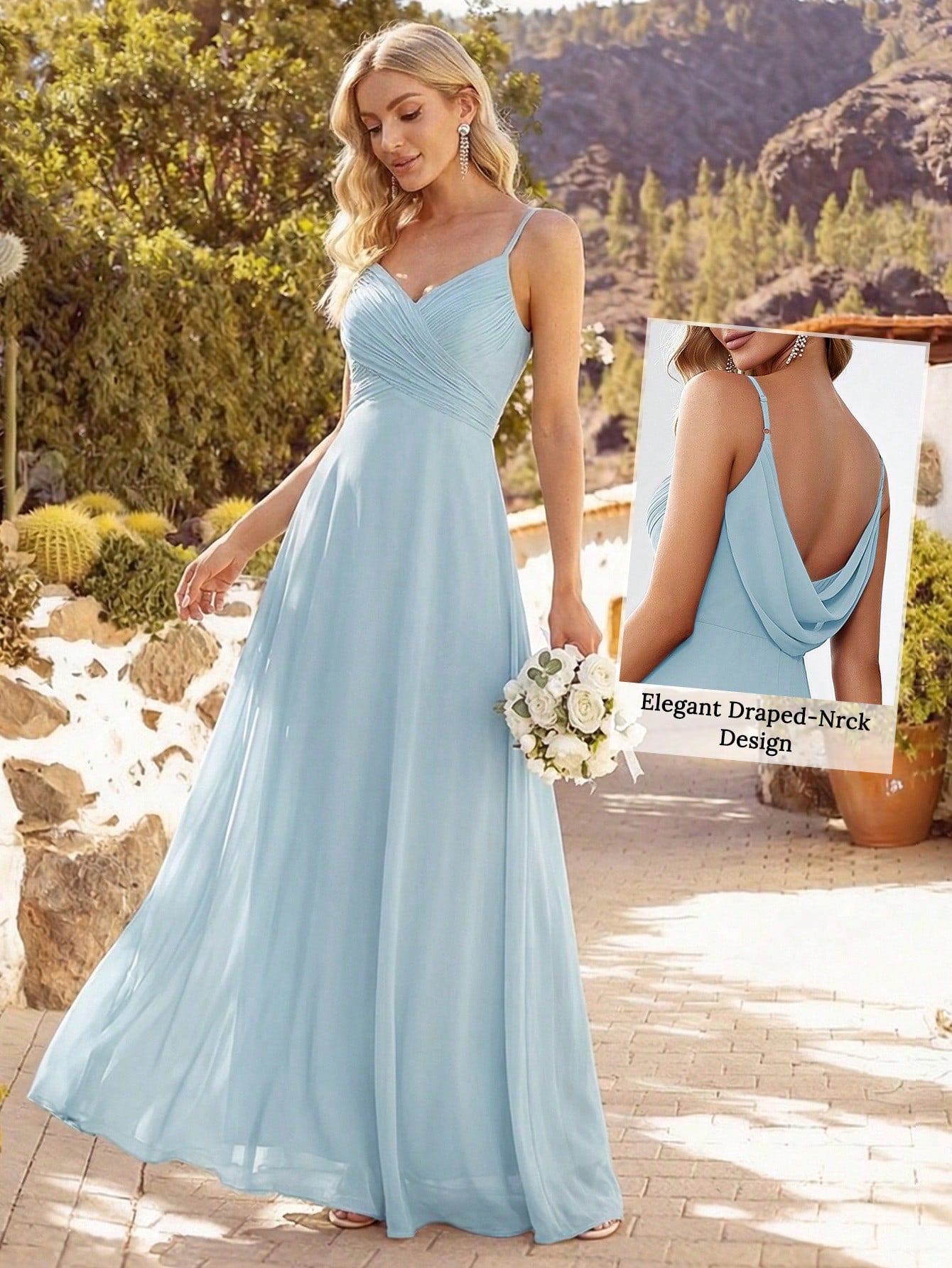 EVERPRETTY Spring Chiffon Spaghetti Strap Backless Pleated Pink
