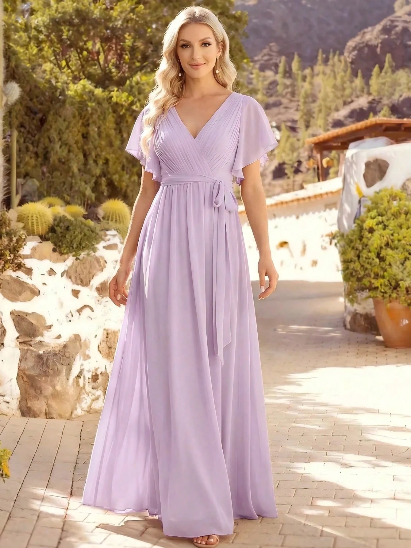 EVERPRETTY Butterfly Sleeve Pleated Chiffon Light Pink Bridesmaid