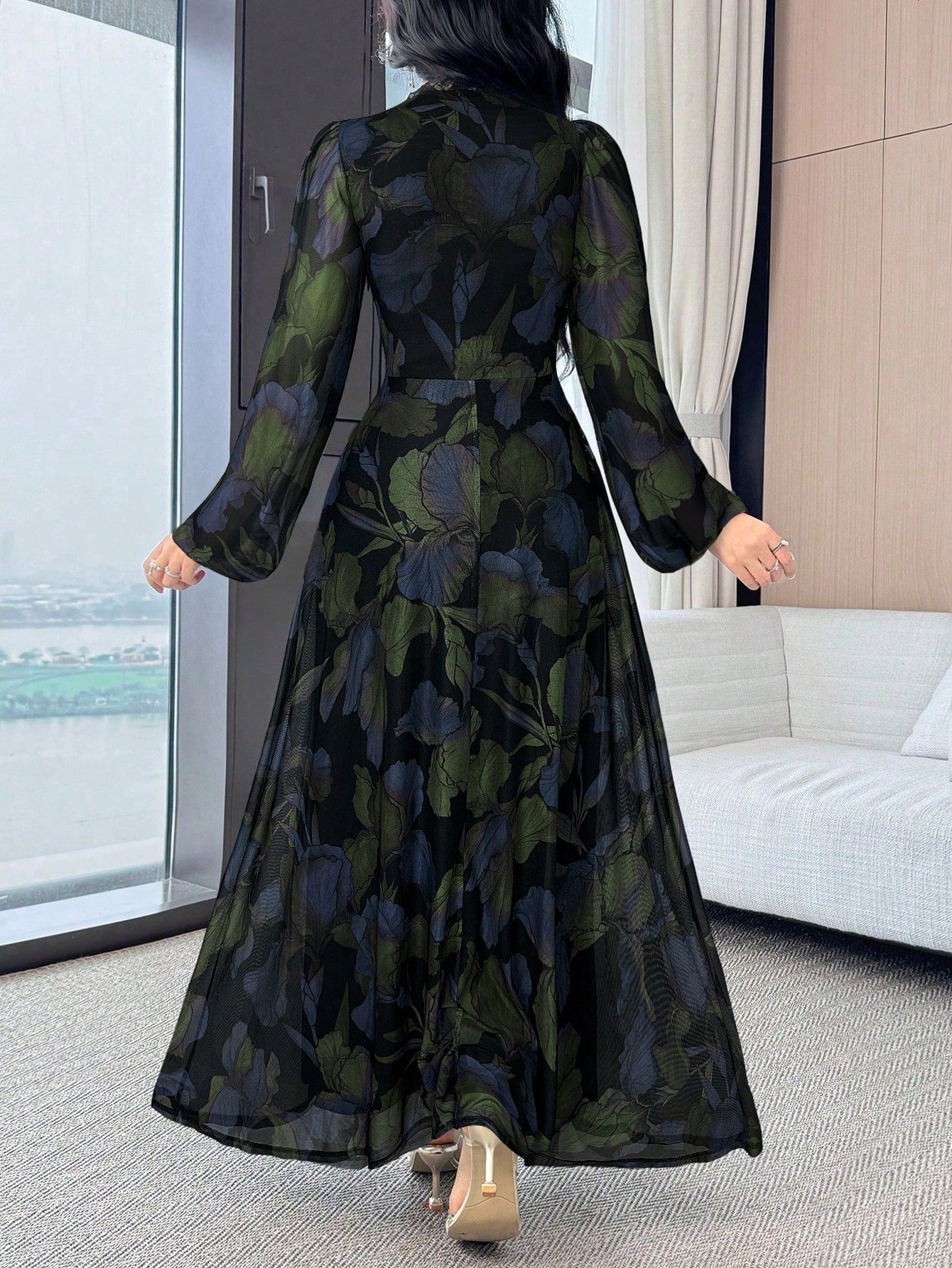 Modelyn Women's Full Floral Print Lace Patchwork Neckline Casual Daily Long Dress - image 3