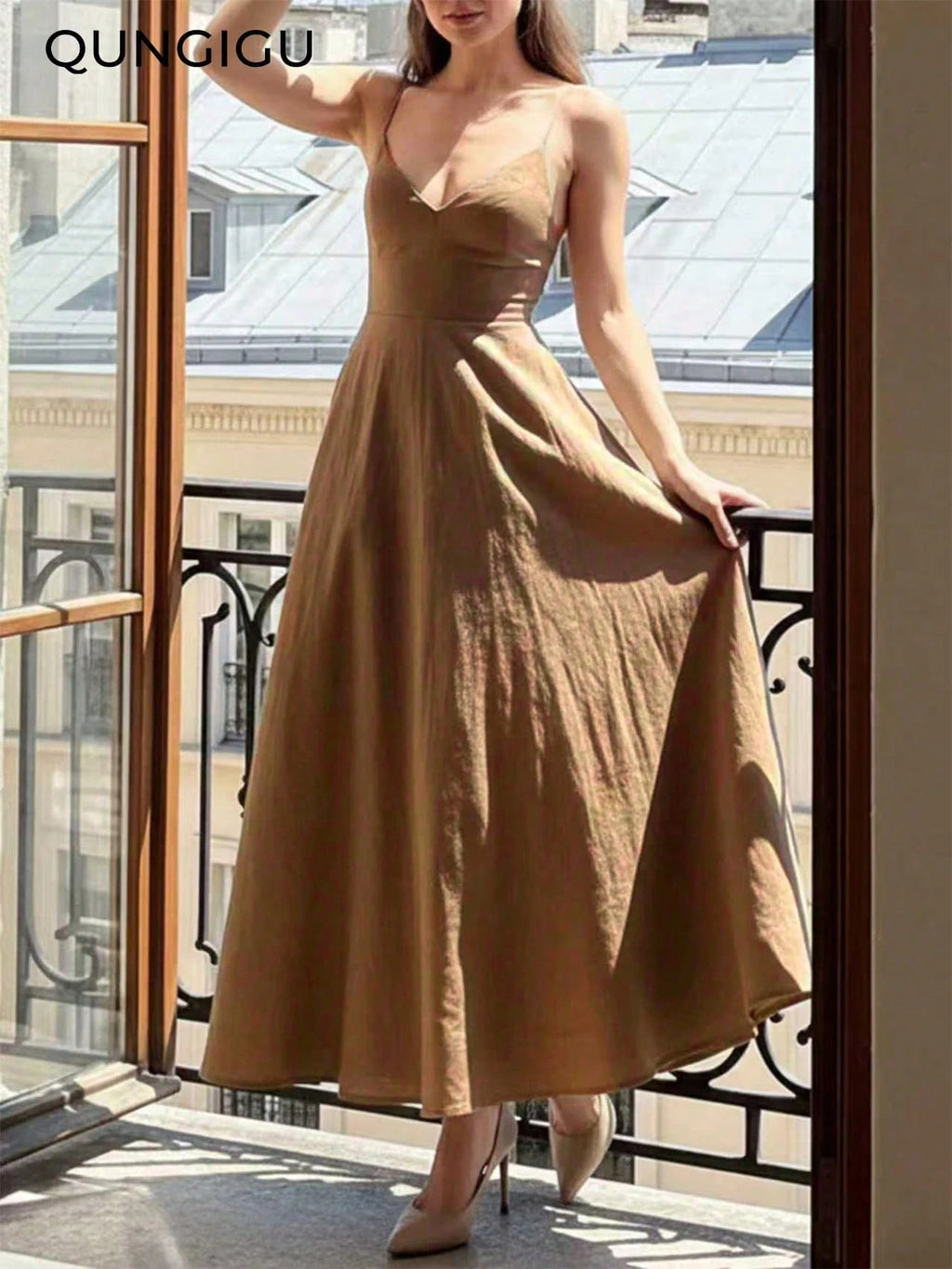 QUNGIGU Women's Elegant Spaghetti Strap Midi Dress V-Neck Linen Textured Backless High Waist Summer Beach - image 3