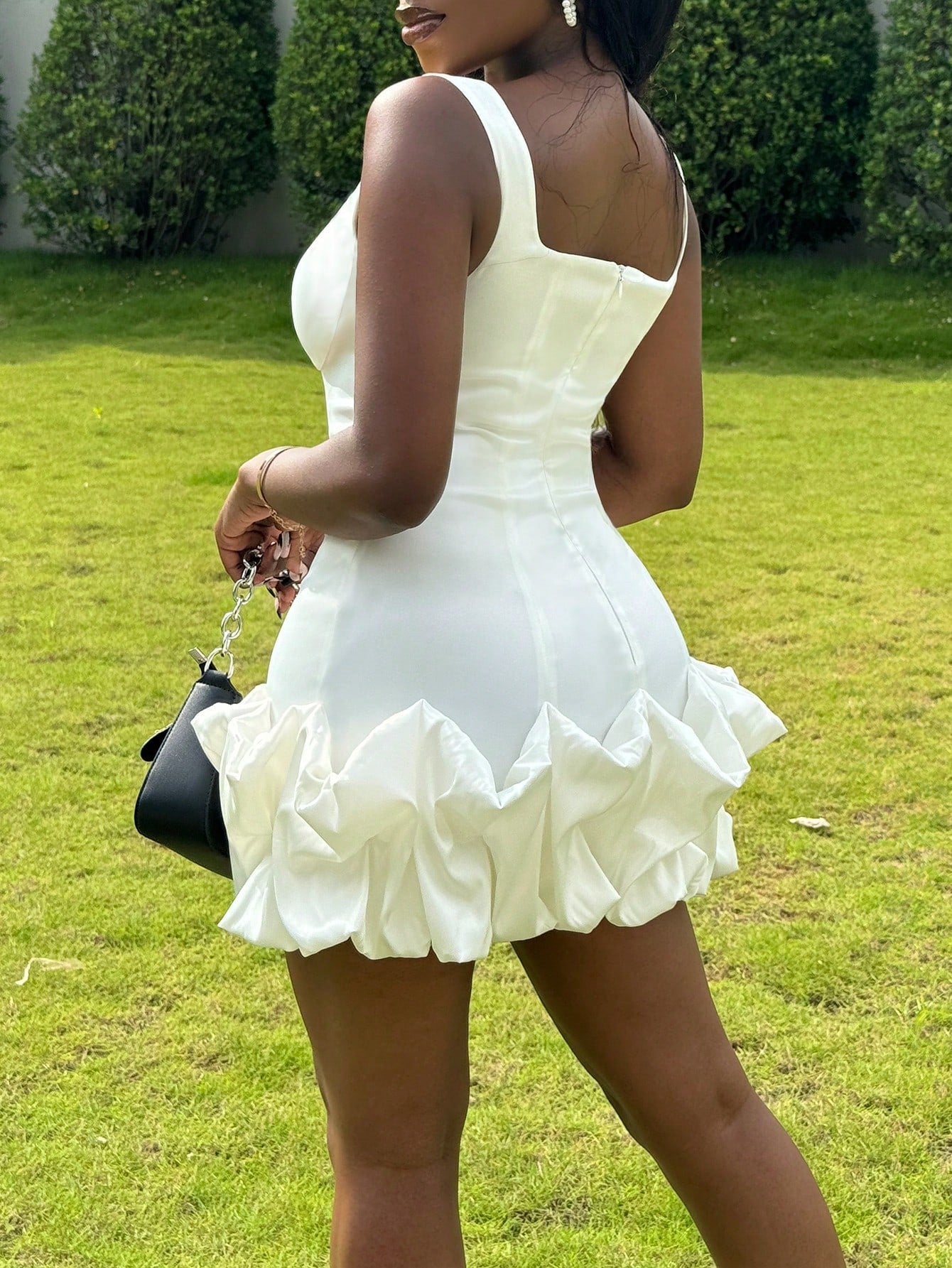 Elegant White Satin Corset Mini Dress With Ruffle Hem, Sleeveless Square Neck Party Dress, Fitted Short - image 5