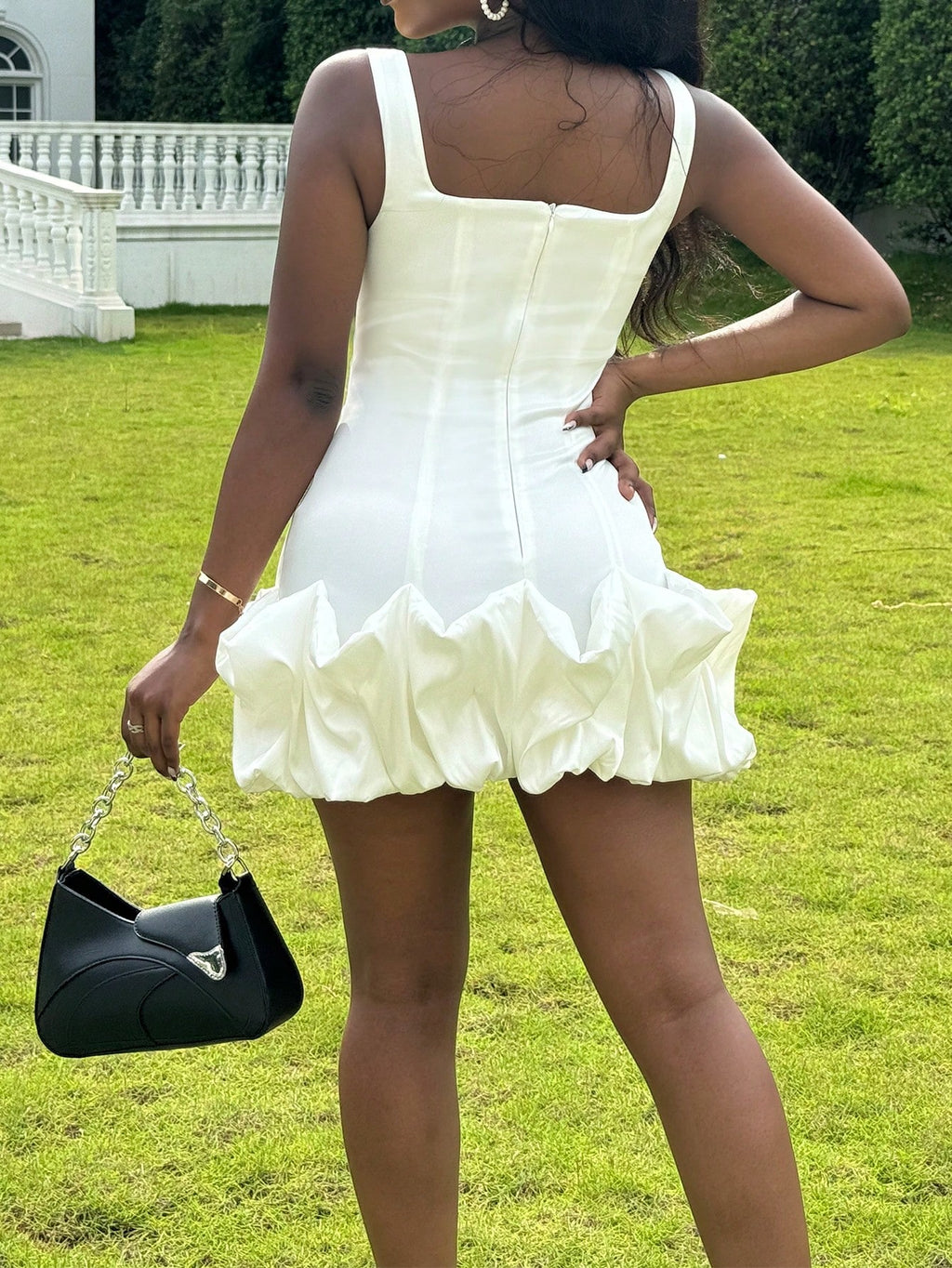 Elegant White Satin Corset Mini Dress With Ruffle Hem, Sleeveless Square Neck Party Dress, Fitted Short - image 4