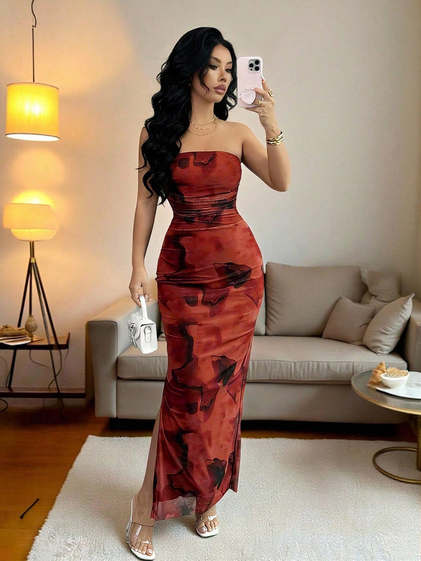 Ladies' Tie Dye Strapless Dress With Side Slit Hem Maxi
