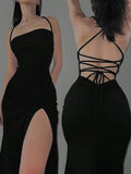 Dresses Solid Color Spaghetti Strap Large Backless Hip Pleats Large