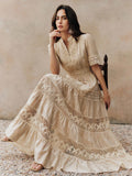 Anewsta Elegant Solid Color Lace Patchwork Round Neck Waist Cinched