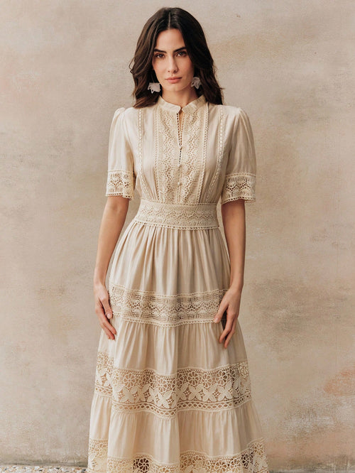 Anewsta Elegant Solid Color Lace Patchwork Round Neck Waist Cinched Hollow Out Crochet Short Sleeve Flared - image 2