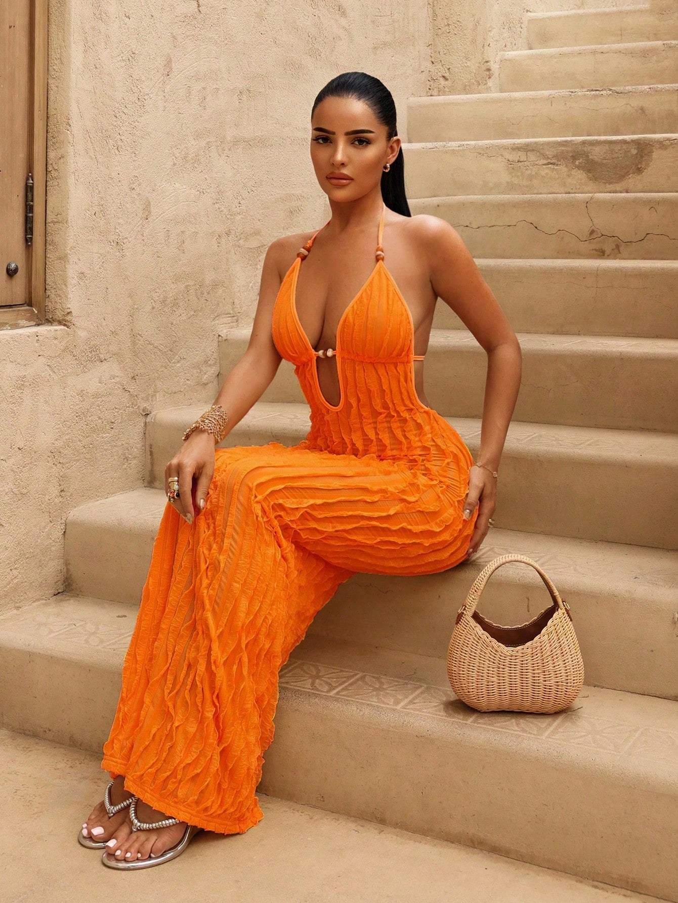 Swim SXY Women's New Summer Yellow Sexy Deep VU Neck Long Bag Dress