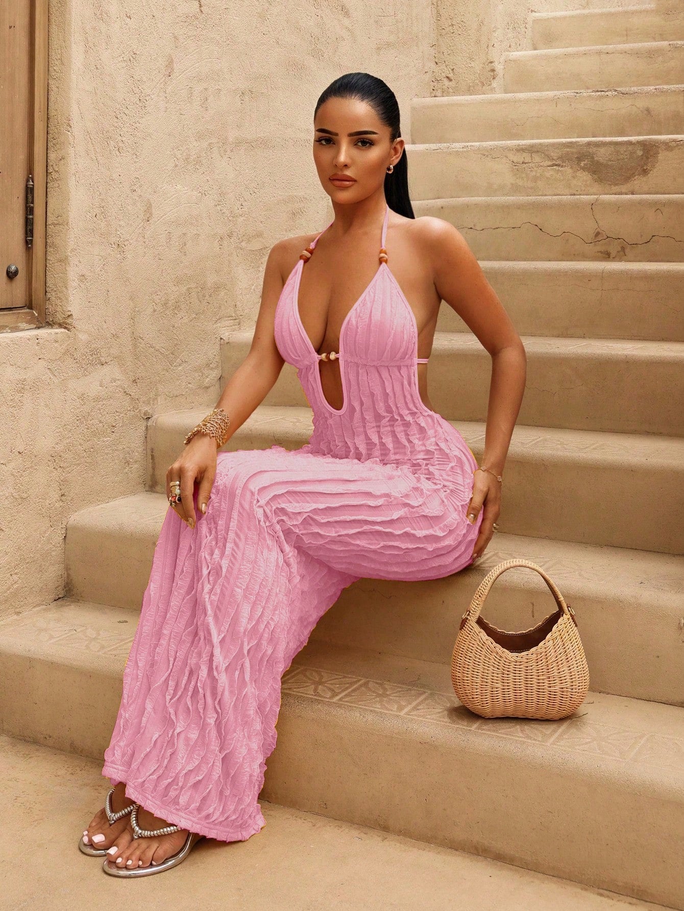 Swim SXY Women's New Summer Yellow Sexy Deep VU Neck Long Bag Dress