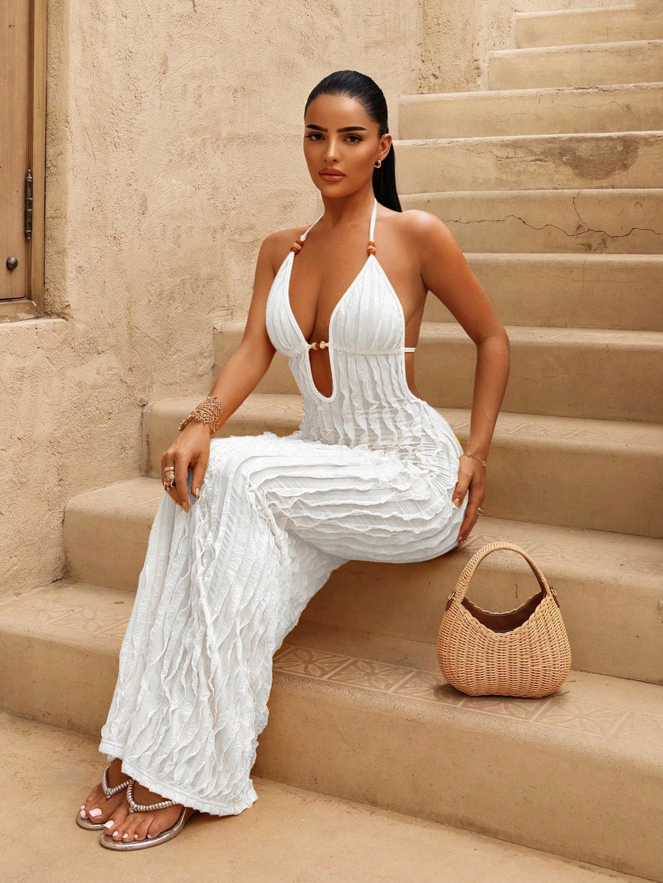 Swim SXY Women's New Summer Yellow Sexy Deep VU Neck Long Bag Dress