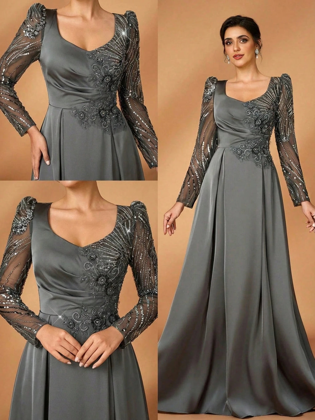 Serin Dusty Blue Spring Elegant Formal Dinner Evening Wedding Luxurious Beaded Sequin Floral Sheer Sleeve