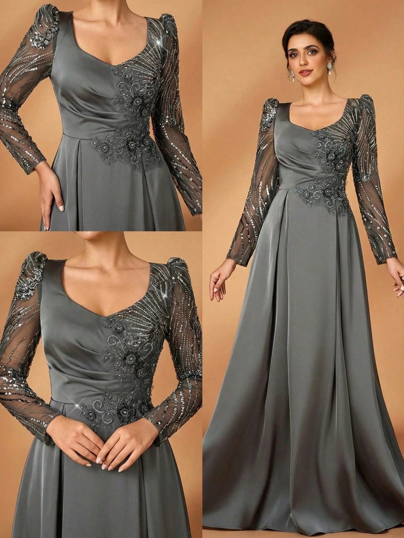 Serin Dusty Blue Spring Elegant Formal Dinner Evening Wedding Luxurious Beaded Sequin Floral Sheer Sleeve