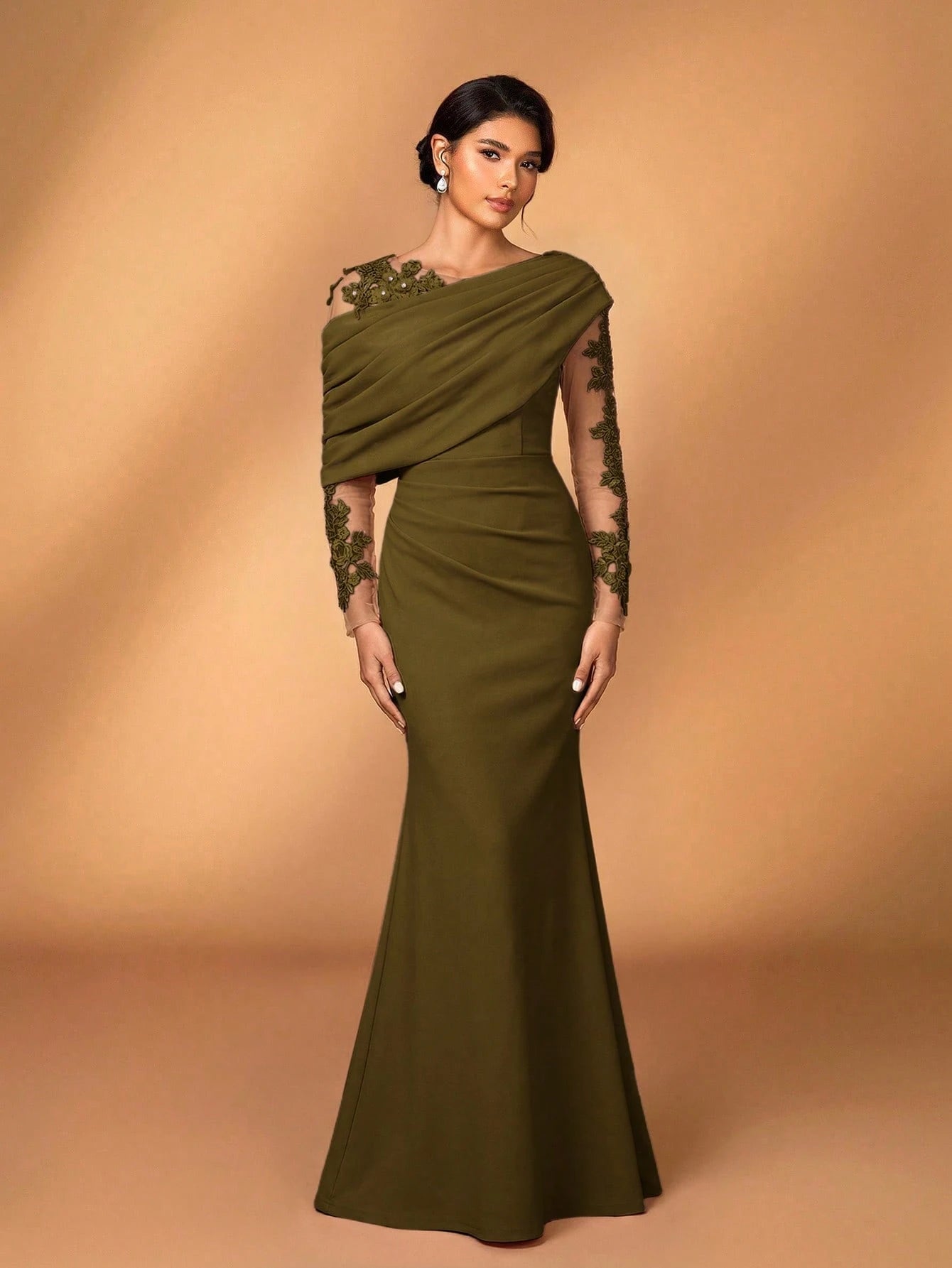Serin Elegant Burgundy Summer Elastic Knit Contrast Mesh Asymmetric Shoulder Mermaid Hem Dress,Suitable For