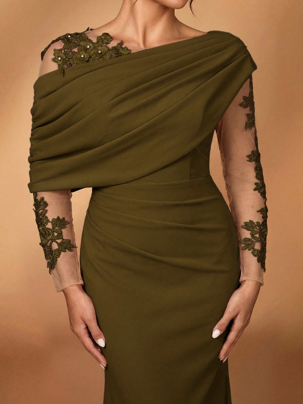Serin Elegant Burgundy Summer Elastic Knit Contrast Mesh Asymmetric Shoulder Mermaid Hem Dress,Suitable For - image 6