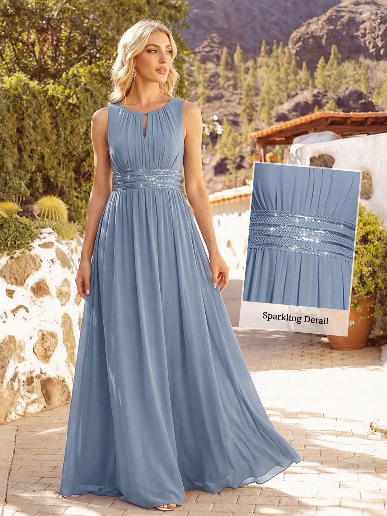 Romantic Chiffon Backless Ruffle Detail Light Blue Bridesmaid Dress,