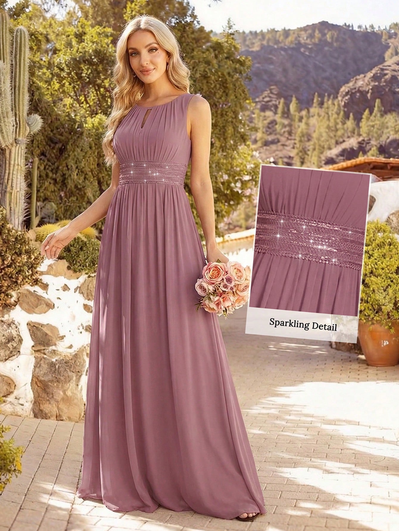 Romantic Chiffon Backless Ruffle Detail Light Blue Bridesmaid Dress,