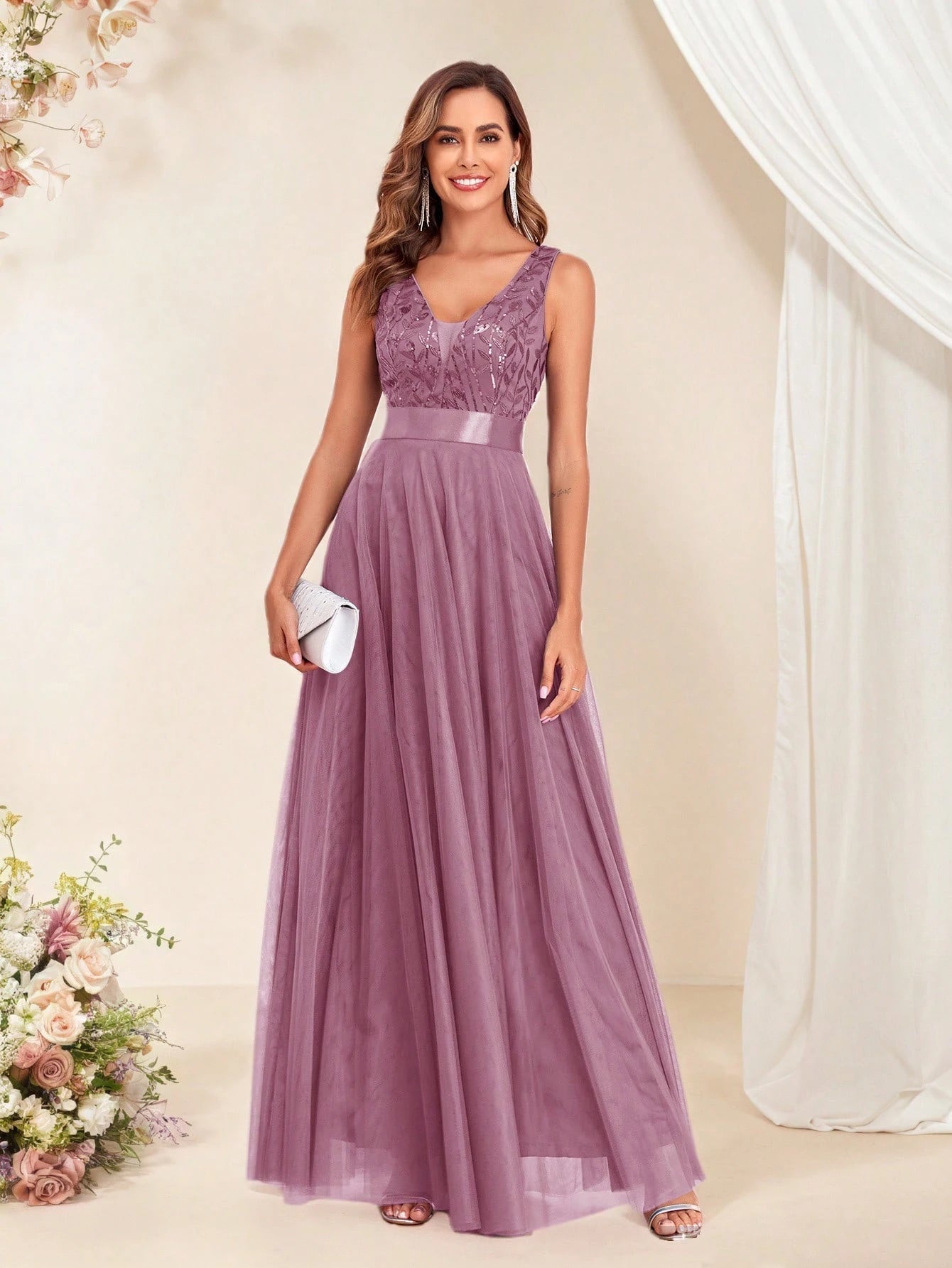 Sleeveless V-Neck Mesh& Embroidered Sequins A-Line Bridesmaid Dresses,Elegant Prom Dresses,Wedding Guest - image 8