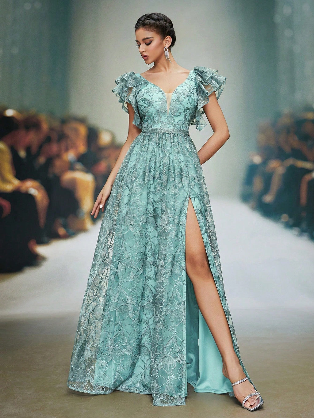 Mgiacy Teal Floral Lace V-Neck Ruffle Sleeve High Slit A-Line Maxi Dress,Elegant Women's Summer Gown For - image 5