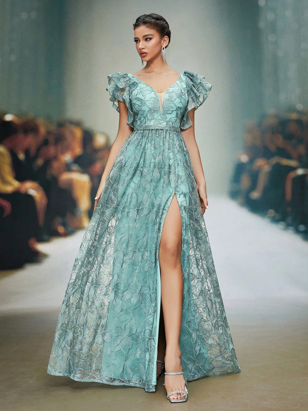 Mgiacy Teal Floral Lace V-Neck Ruffle Sleeve High Slit A-Line Maxi Dress,Elegant Women's Summer Gown For - image 4
