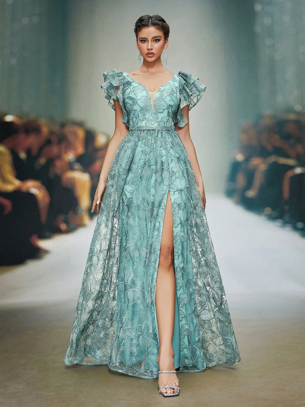 Mgiacy Teal Floral Lace V-Neck Ruffle Sleeve High Slit A-Line Maxi Dress,Elegant Women's Summer Gown For - image 6