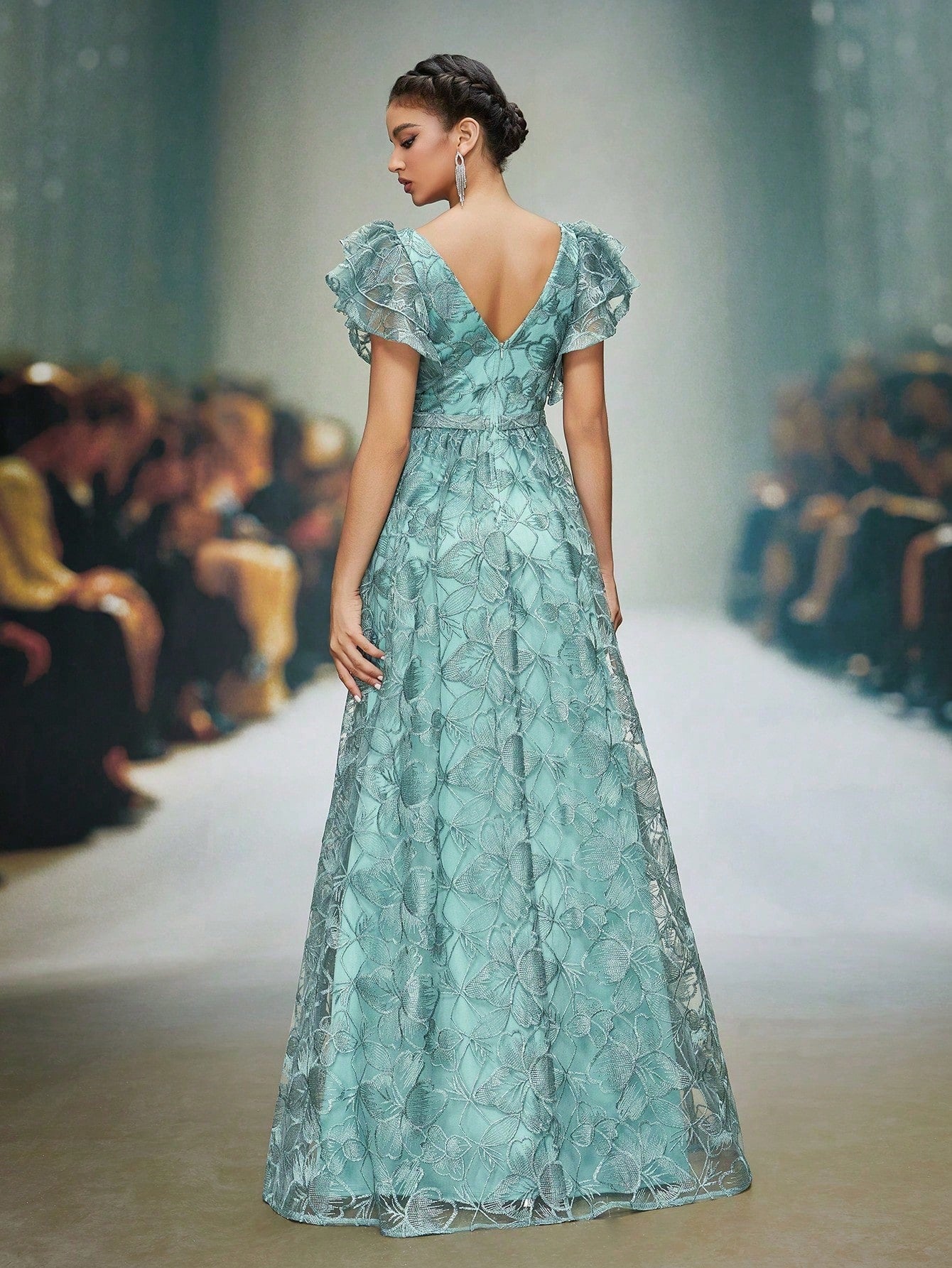 Mgiacy Teal Floral Lace V-Neck Ruffle Sleeve High Slit A-Line Maxi Dress,Elegant Women's Summer Gown For - image 2