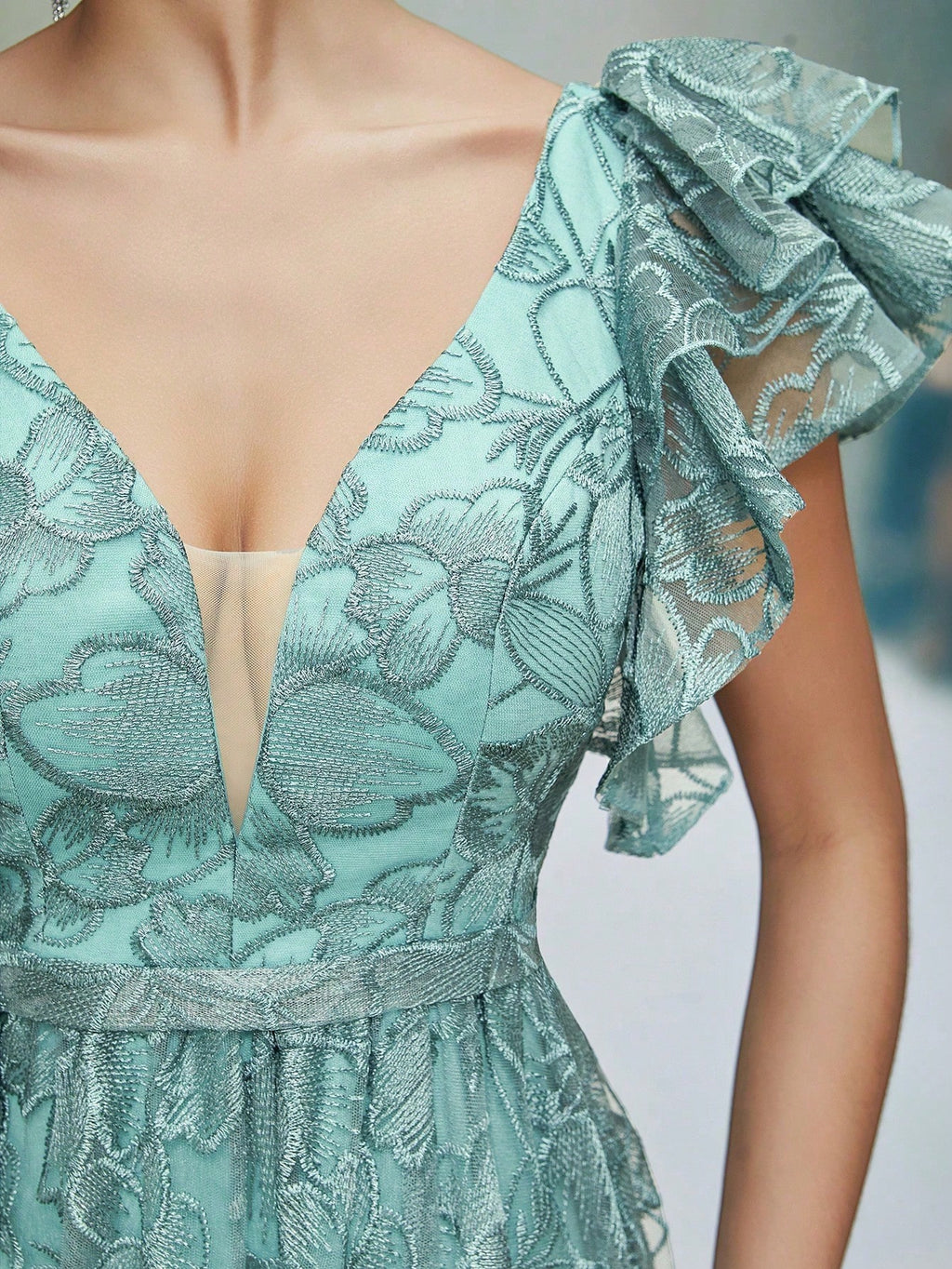 Mgiacy Teal Floral Lace V-Neck Ruffle Sleeve High Slit A-Line Maxi Dress,Elegant Women's Summer Gown For - image 3