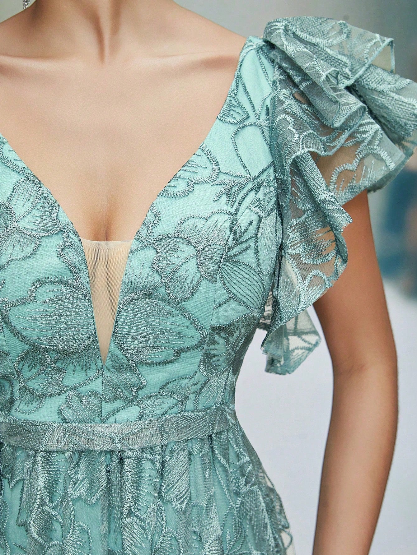 Mgiacy Teal Floral Lace V-Neck Ruffle Sleeve High Slit A-Line Maxi Dress,Elegant Women's Summer Gown For - image 3