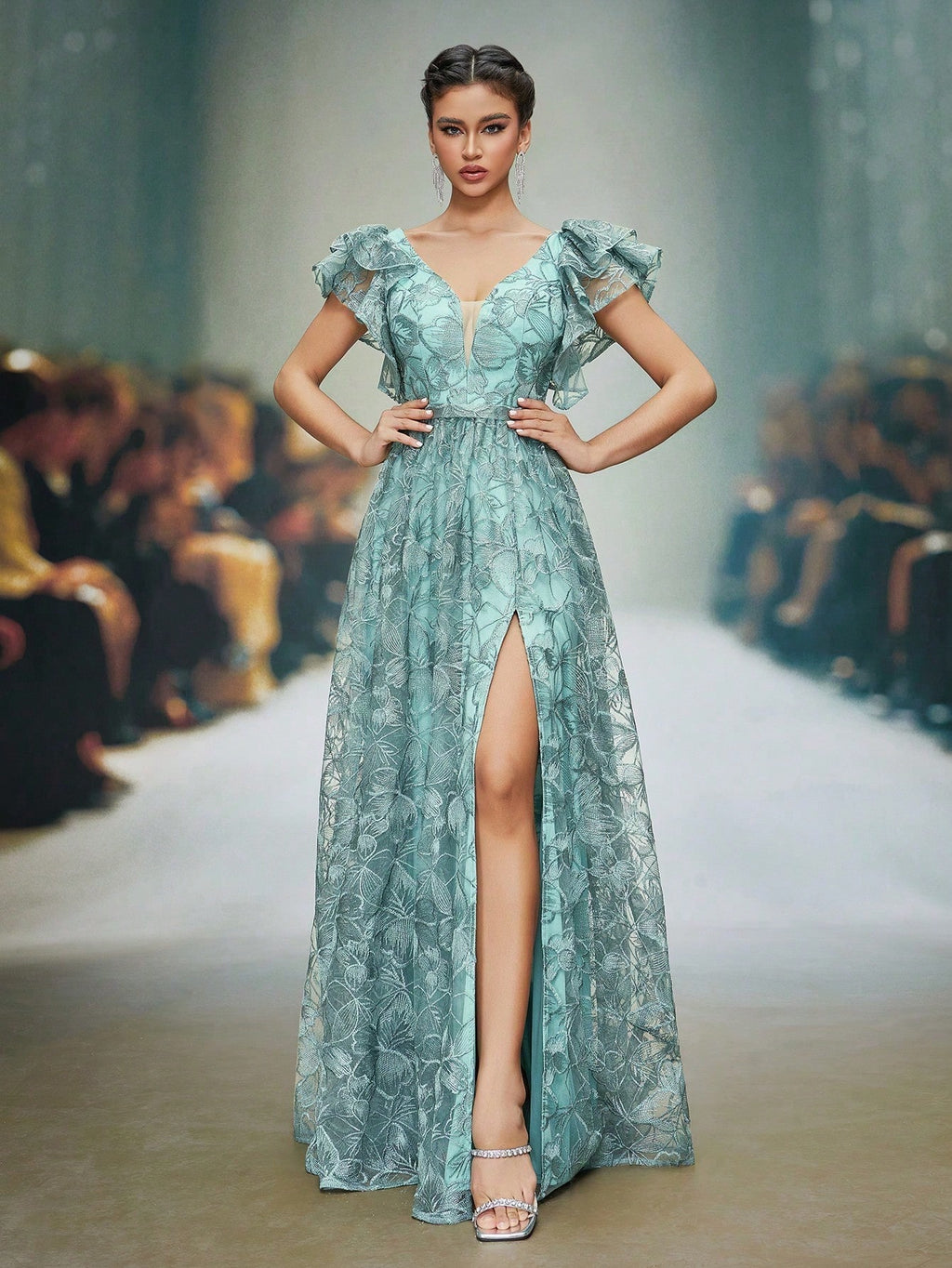 Mgiacy Teal Floral Lace V-Neck Ruffle Sleeve High Slit A-Line Maxi Dress,Elegant Women's Summer Gown For