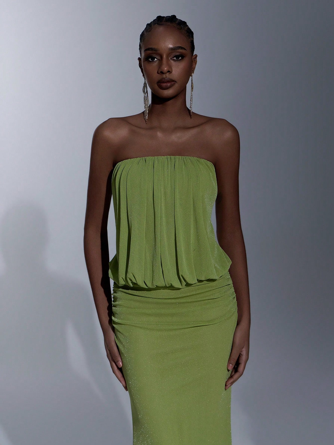 Elitara Elegant Olive Green Spring Knitted Cold-Shoulder Bodycon Dress,Wasteland Style Pleated Flared Hem - image 5
