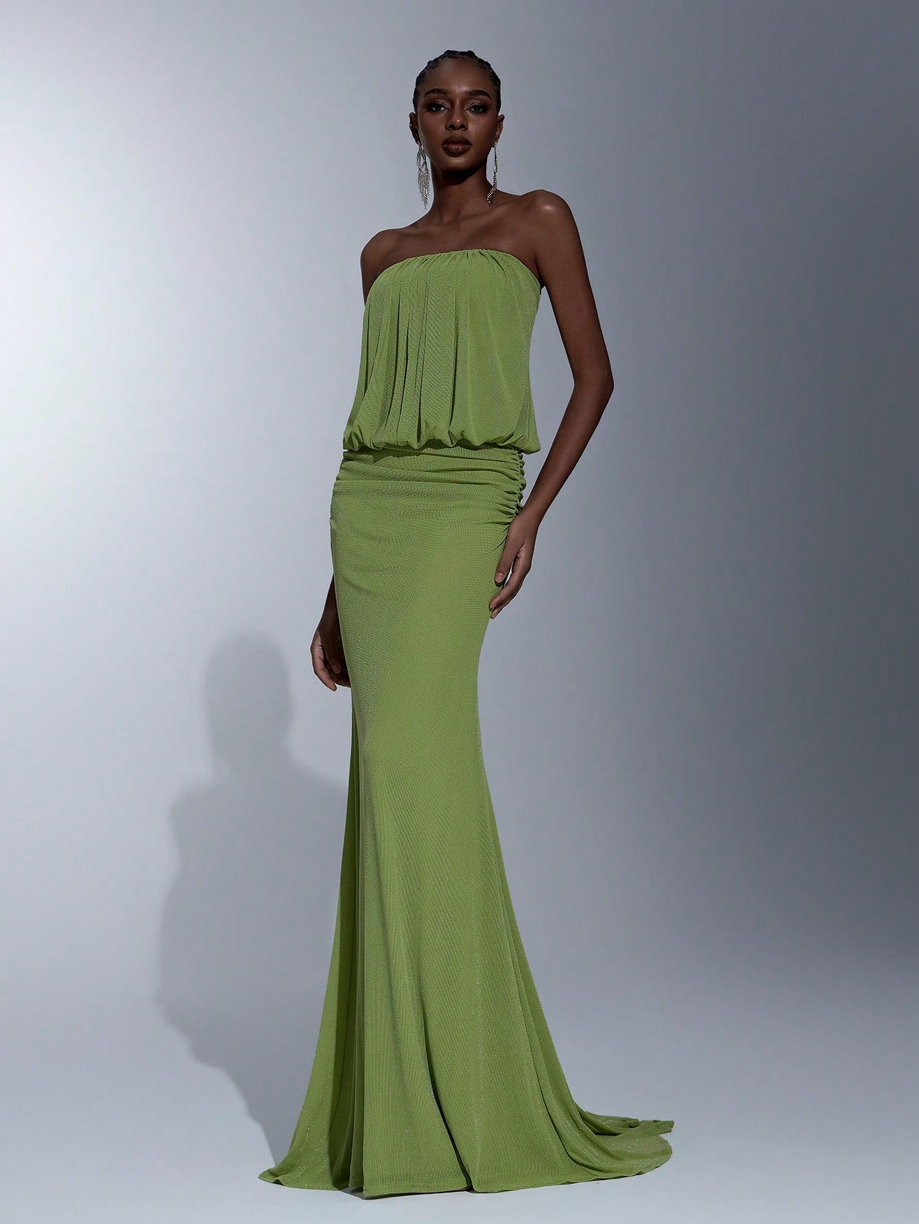 Elitara Elegant Olive Green Spring Knitted Cold-Shoulder Bodycon Dress,Wasteland Style Pleated Flared Hem