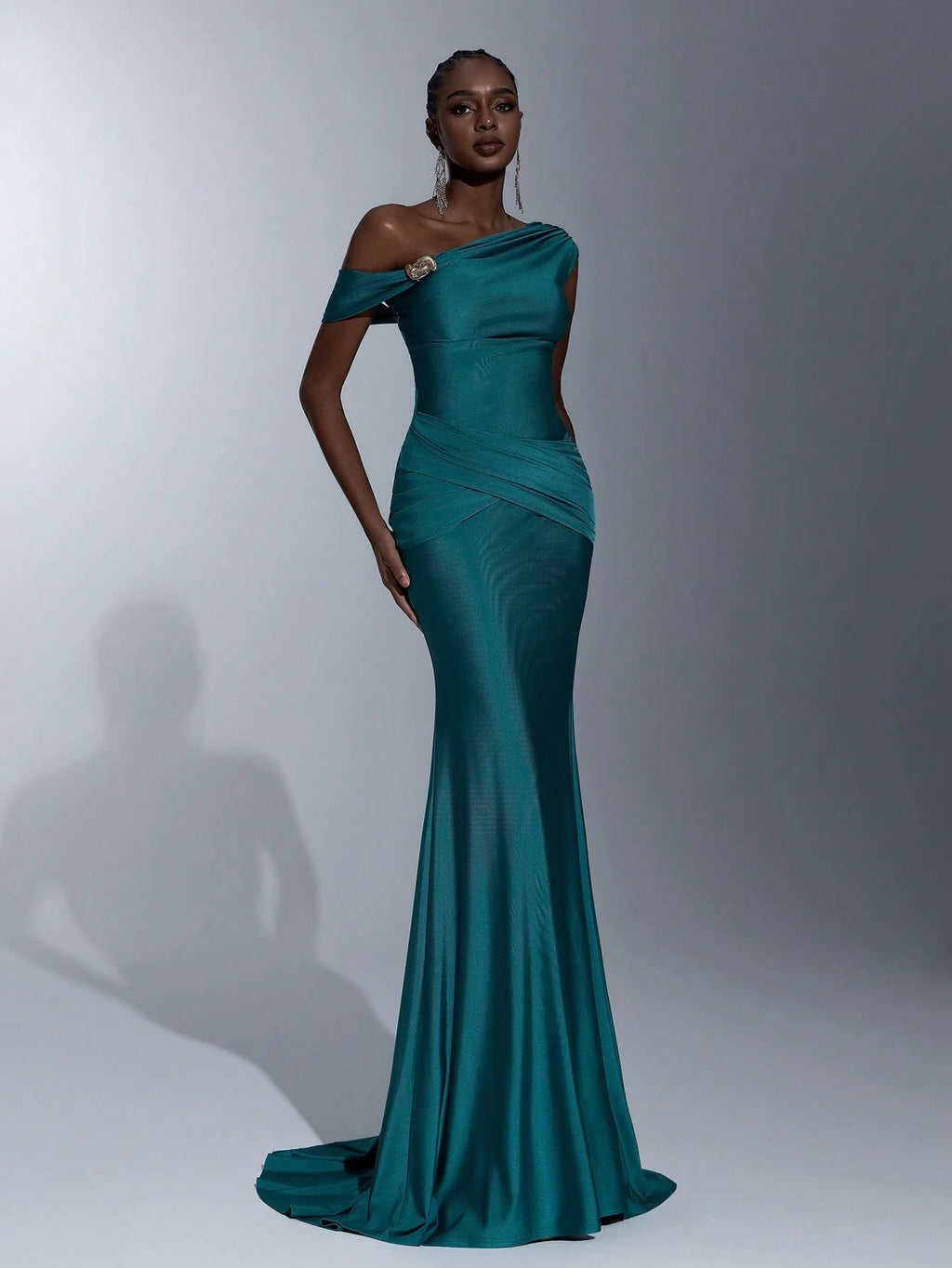 Elitara Teal Summer Elegant Bridesmaid Formal Party Wedding Dress,Asymmetric Shoulder Metal Buckle Ruched - image 2