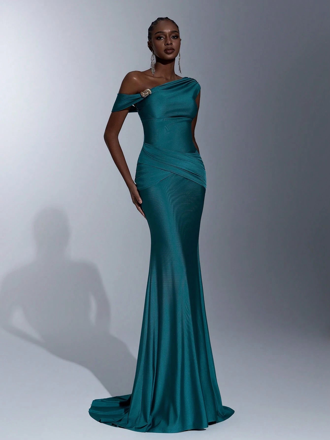 Elitara Teal Summer Elegant Bridesmaid Formal Party Wedding Dress,Asymmetric Shoulder Metal Buckle Ruched - image 2