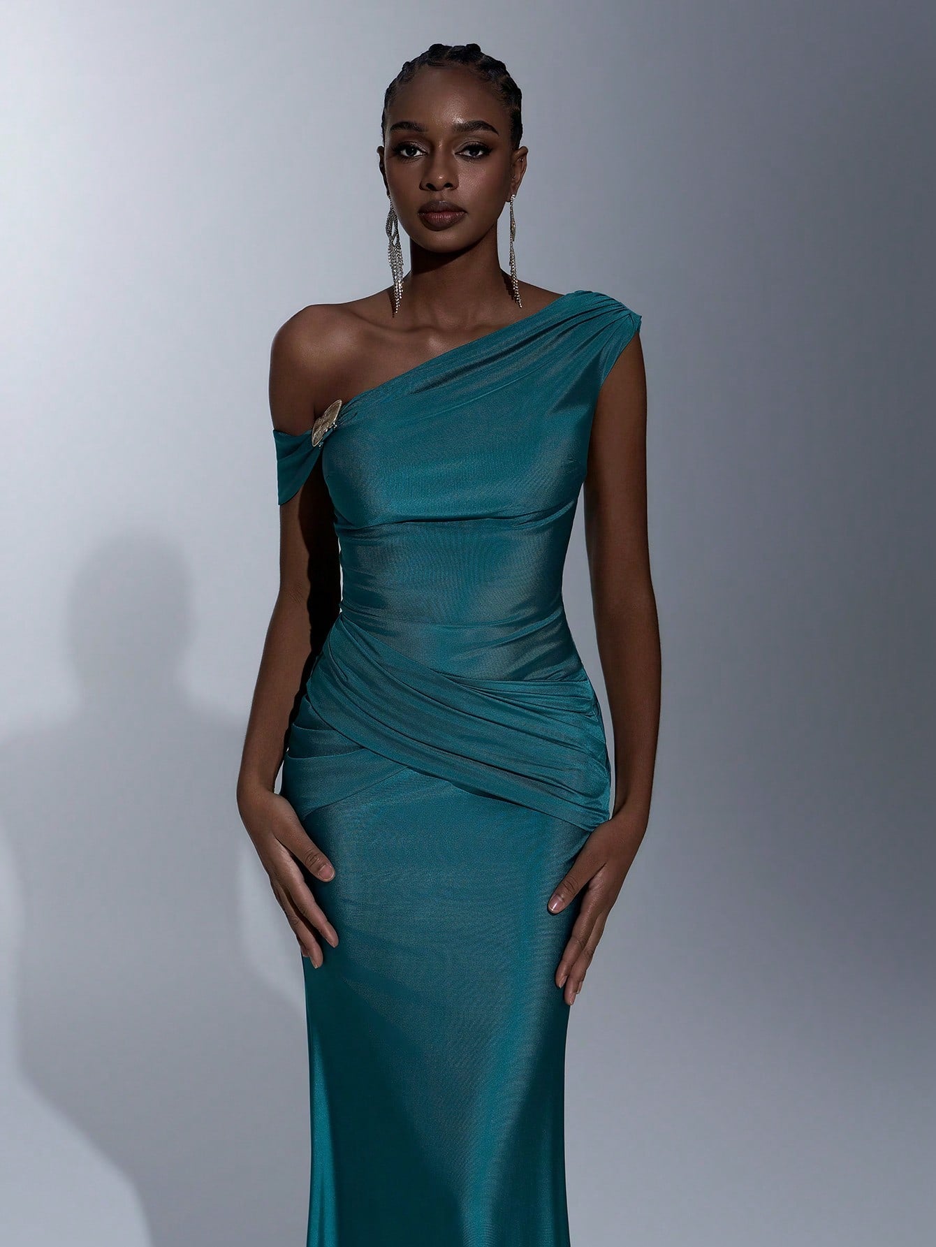 Elitara Teal Summer Elegant Bridesmaid Formal Party Wedding Dress,Asymmetric Shoulder Metal Buckle Ruched - image 7