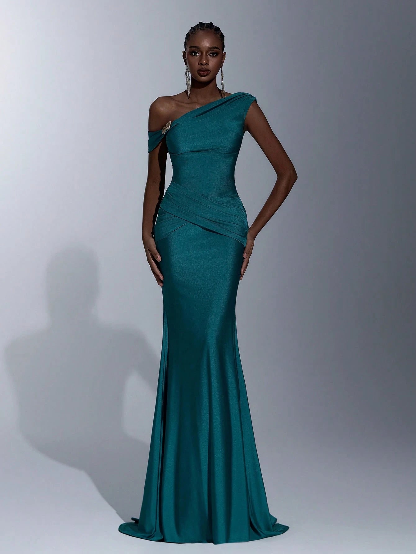 Elitara Teal Summer Elegant Bridesmaid Formal Party Wedding Dress,Asymmetric Shoulder Metal Buckle Ruched - image 4