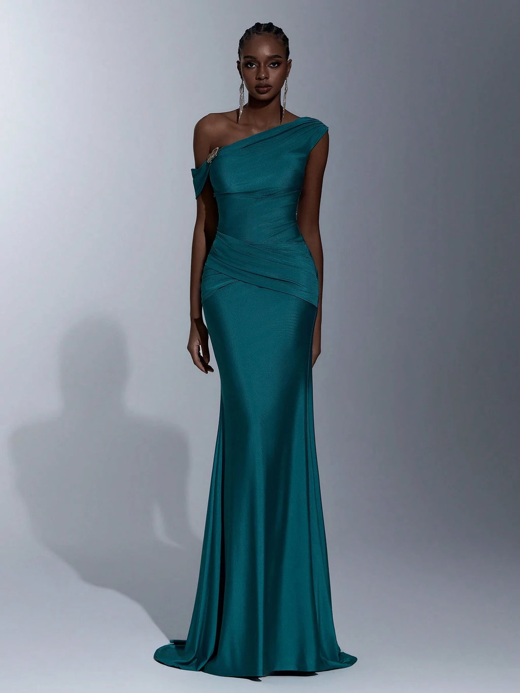 Elitara Teal Summer Elegant Bridesmaid Formal Party Wedding Dress,Asymmetric Shoulder Metal Buckle Ruched - image 6