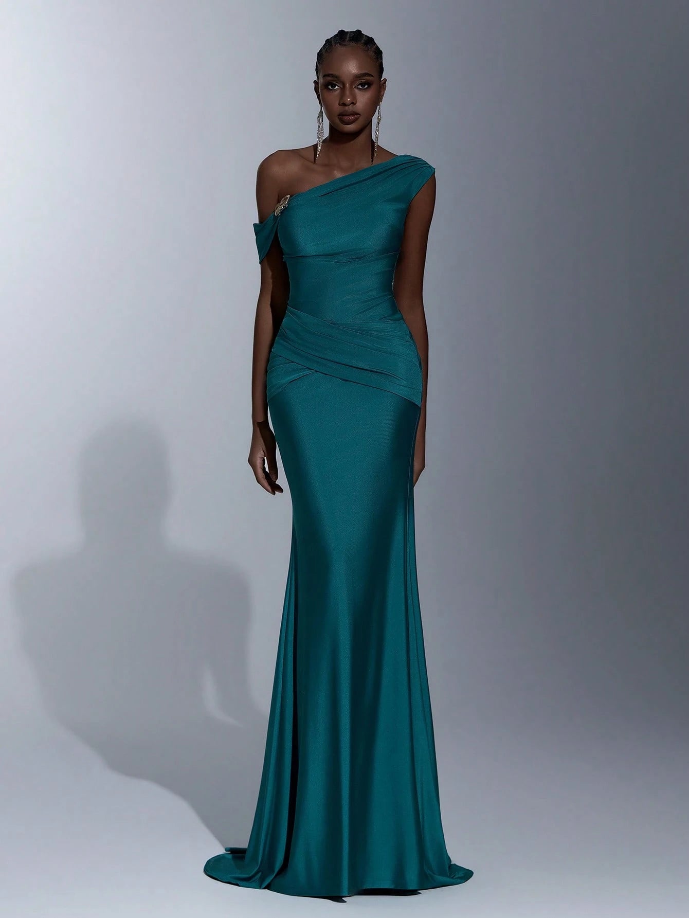 Elitara Teal Summer Elegant Bridesmaid Formal Party Wedding Dress,Asymmetric Shoulder Metal Buckle Ruched - image 6