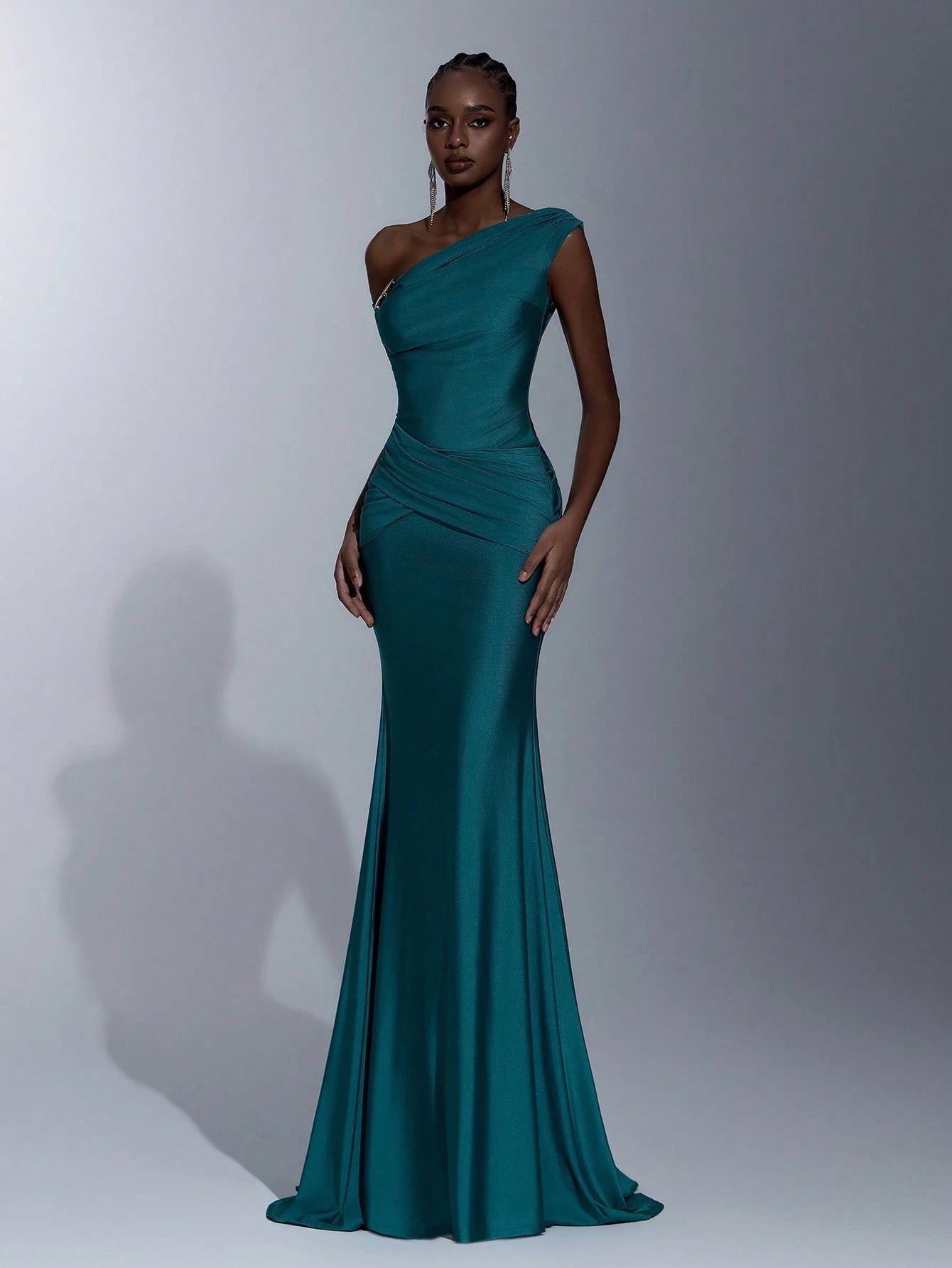 Elitara Teal Summer Elegant Bridesmaid Formal Party Wedding Dress,Asymmetric Shoulder Metal Buckle Ruched - image 5