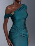 Elitara Teal Summer Elegant Bridesmaid Formal Party Wedding Dress,Asymmetric Shoulder Metal Buckle Ruched
