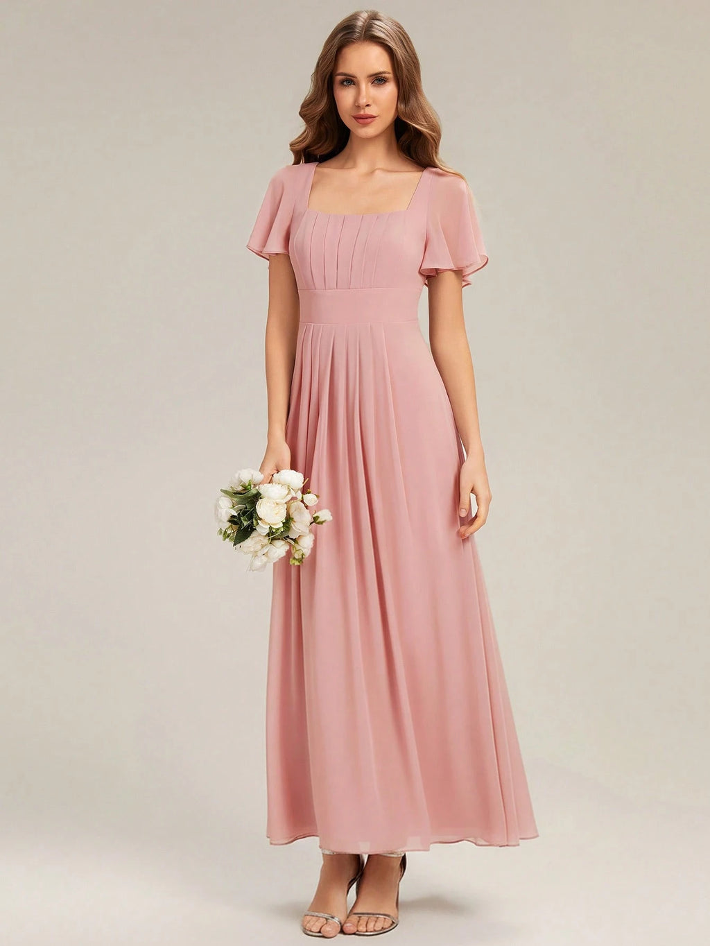 EVERPRETTY Elegant Chiffon Short Sleeve Square Neck Bridesmaid Dress, Autumn Wedding Guest Evening Gown, - image 10