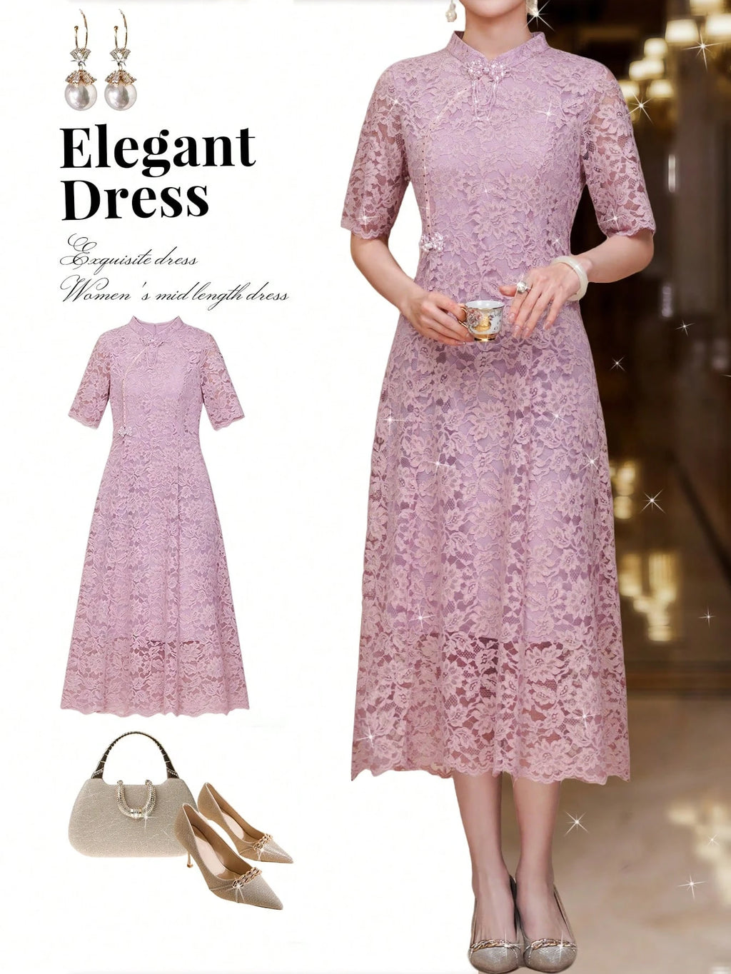 Exquisite And Delicate Short-Sleeved Lace Dress, A Luxurious Mother's Evening Gown, Suitable For