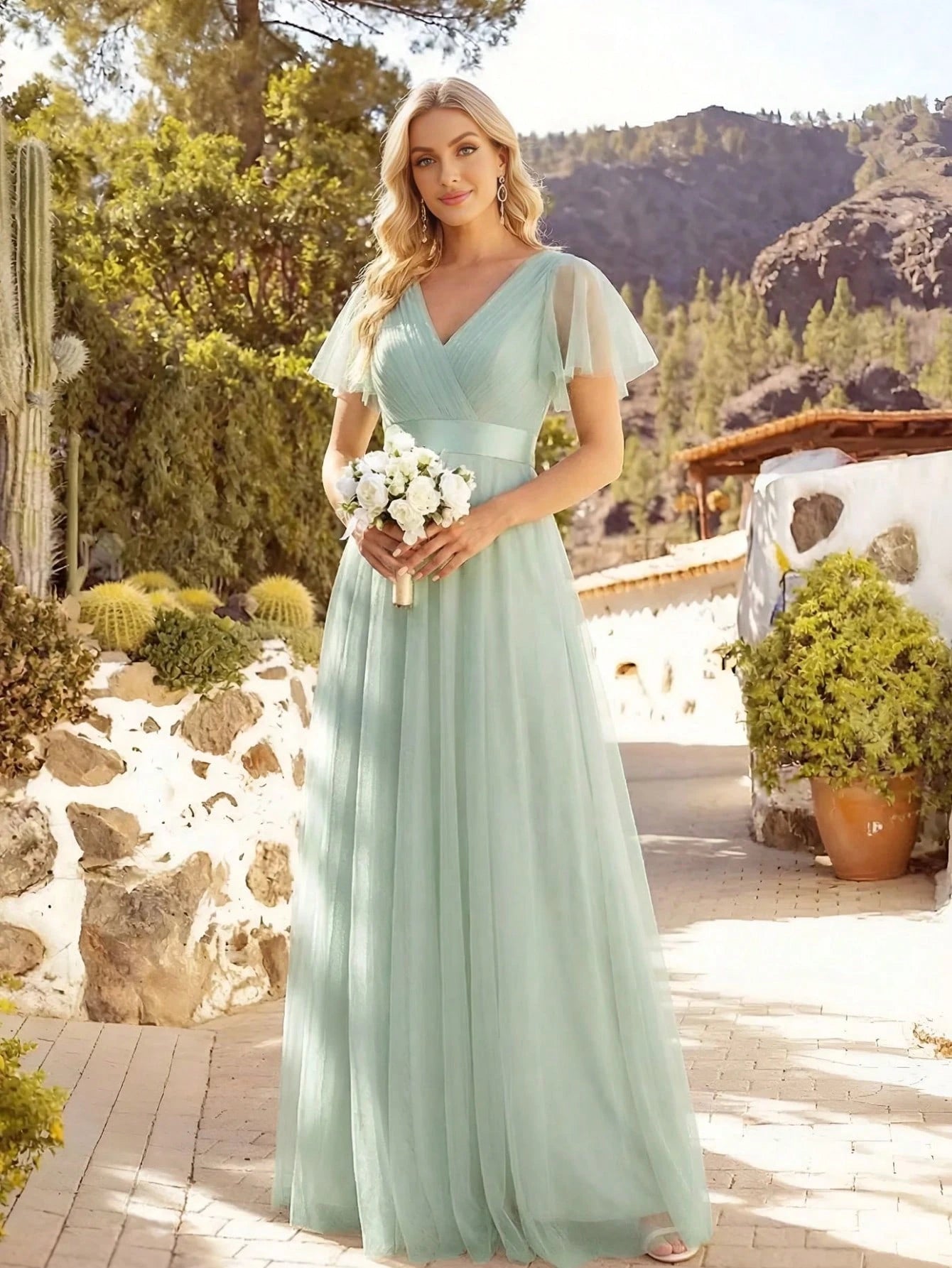EVERPRETTY Romantic V-Neck A-Line Chiffon Pink Bridesmaid Dress,