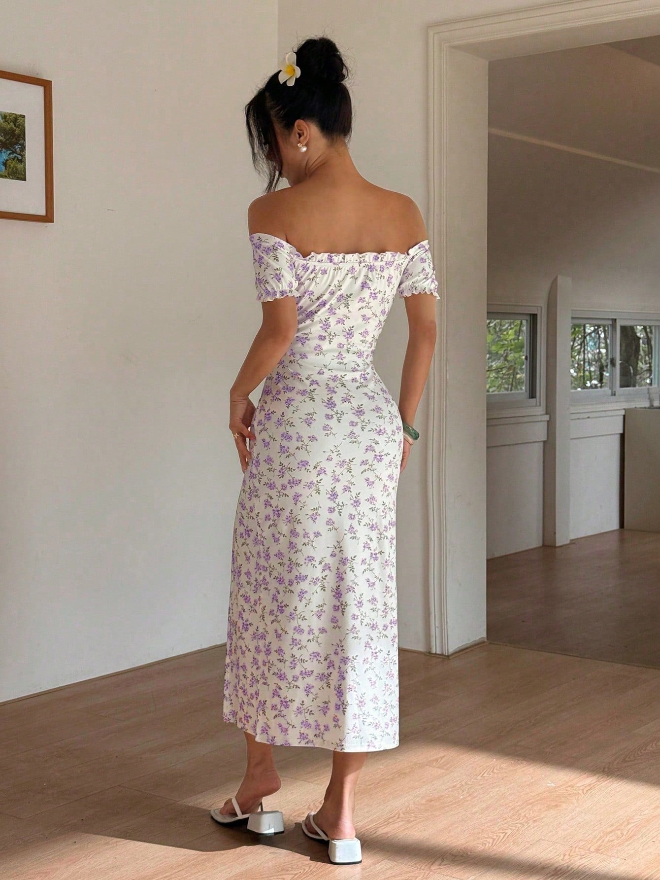 Sunnyshic Women Off Shoulder Split Ditsy Floral Dress
