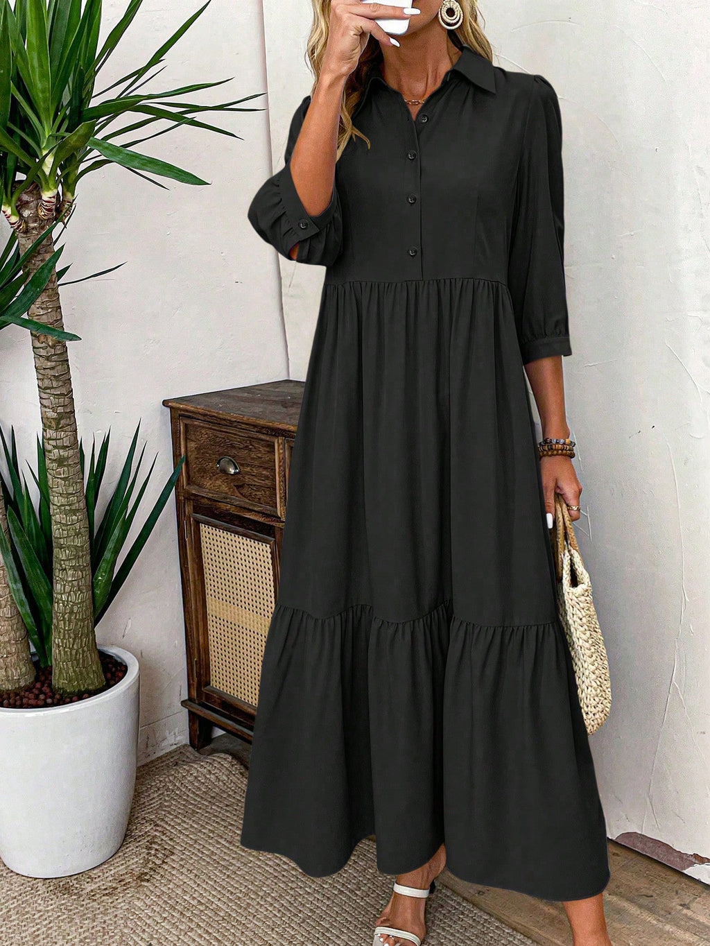 EMERY ROSE Women Solid Color Casual Short Sleeve Dress Maxi Women