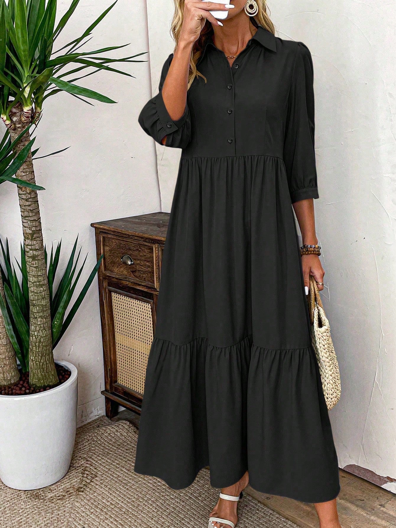 EMERY ROSE Women Solid Color Casual Short Sleeve Dress Maxi Women