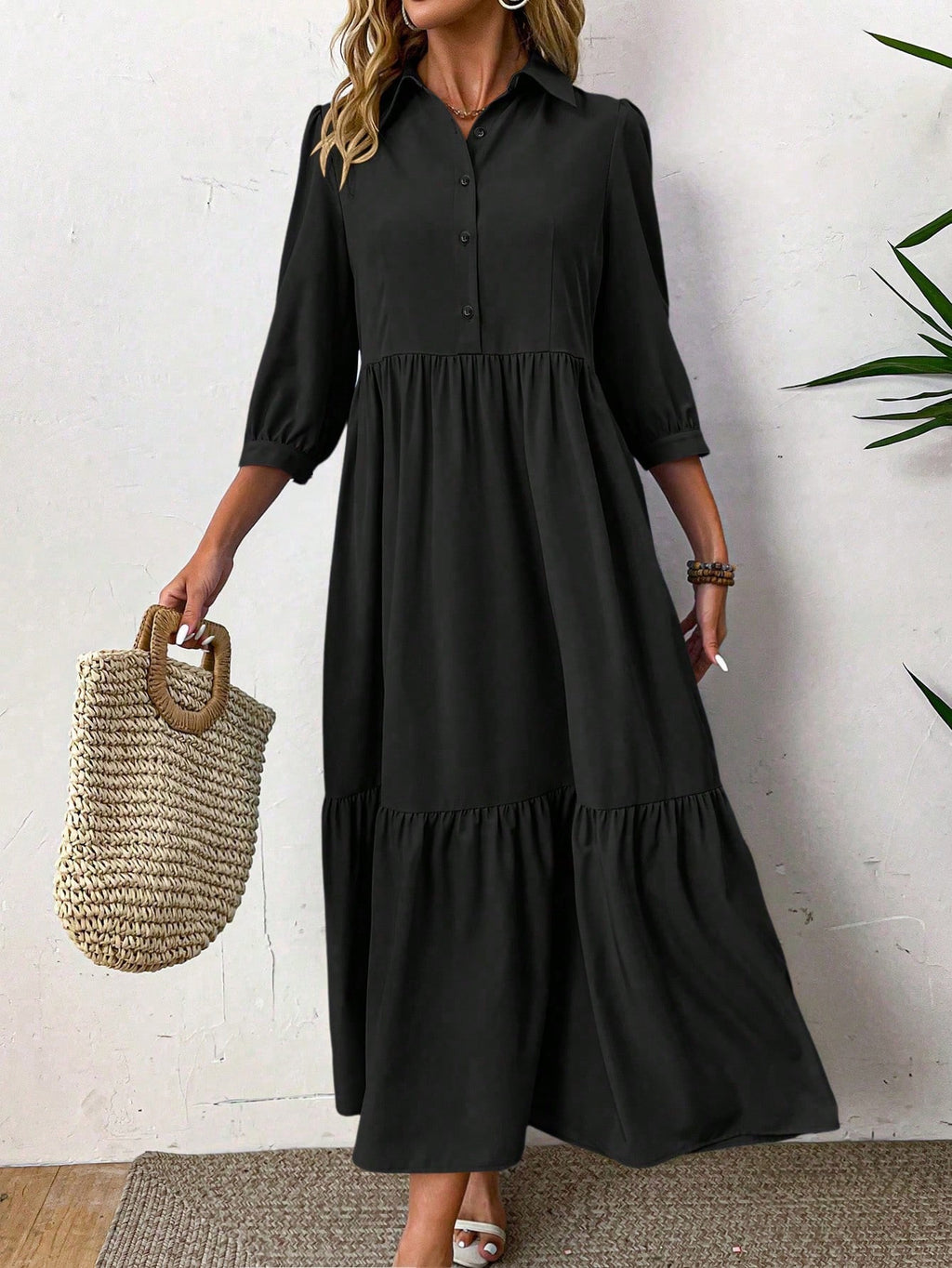 EMERY ROSE Women Solid Color Casual Short Sleeve Dress Maxi Women