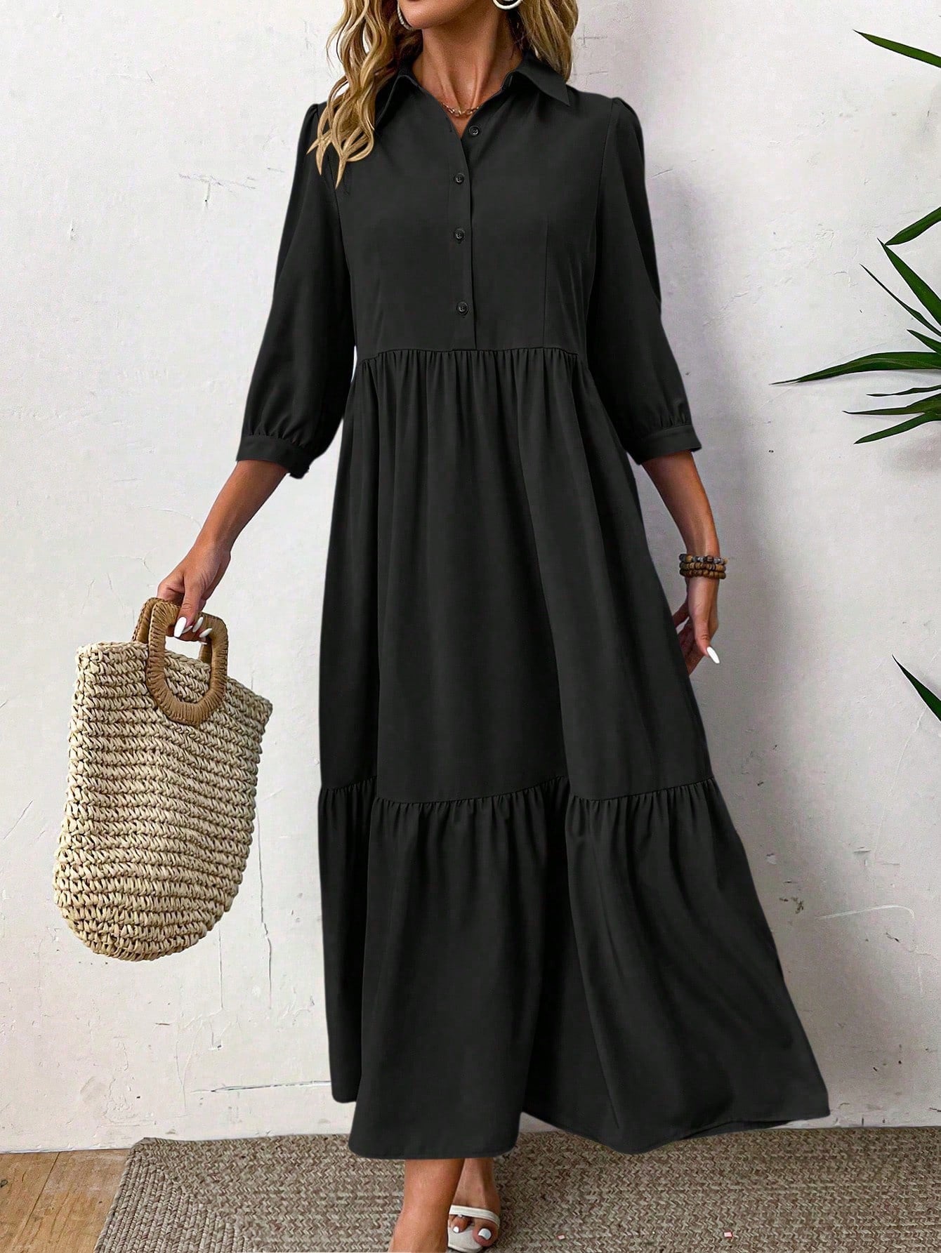 EMERY ROSE Women Solid Color Casual Short Sleeve Dress Maxi Women Outfit - image 3
