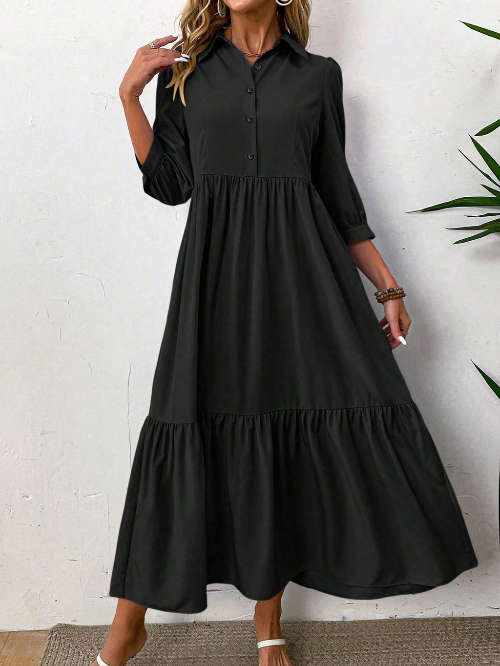 EMERY ROSE Women Solid Color Casual Short Sleeve Dress Maxi Women